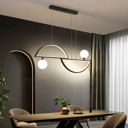 Decorbites sleek semi-circle island light fixture with black metal frame and white opal glass shades for ceiling light