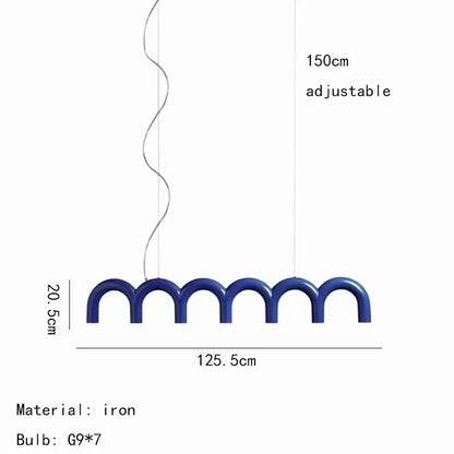 Blue iron decorbites™ sleek u-shaped chandelier with seven g9 bulbs in wavy design for bedroom and kitchen lighting