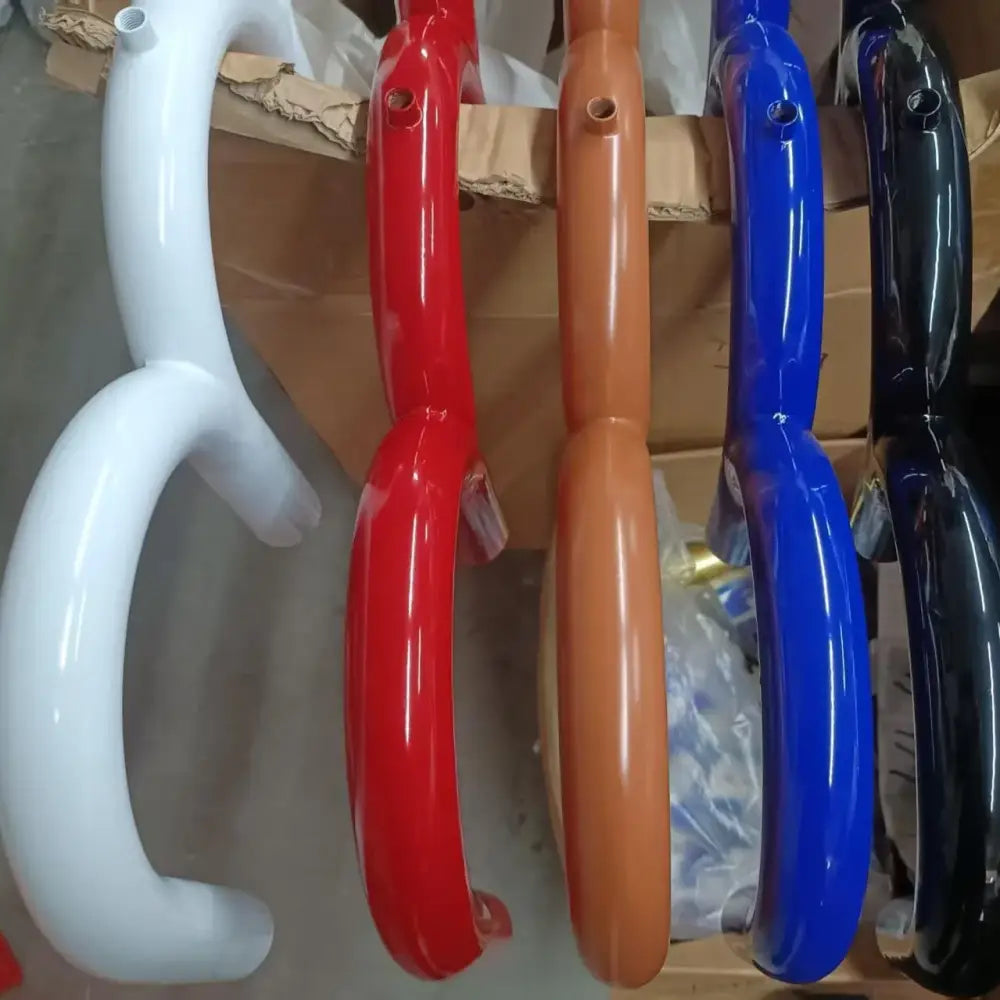 Decorbites™ sleek u-shaped chandelier with a glossy curved handle in white red tan blue and black for modern interiors