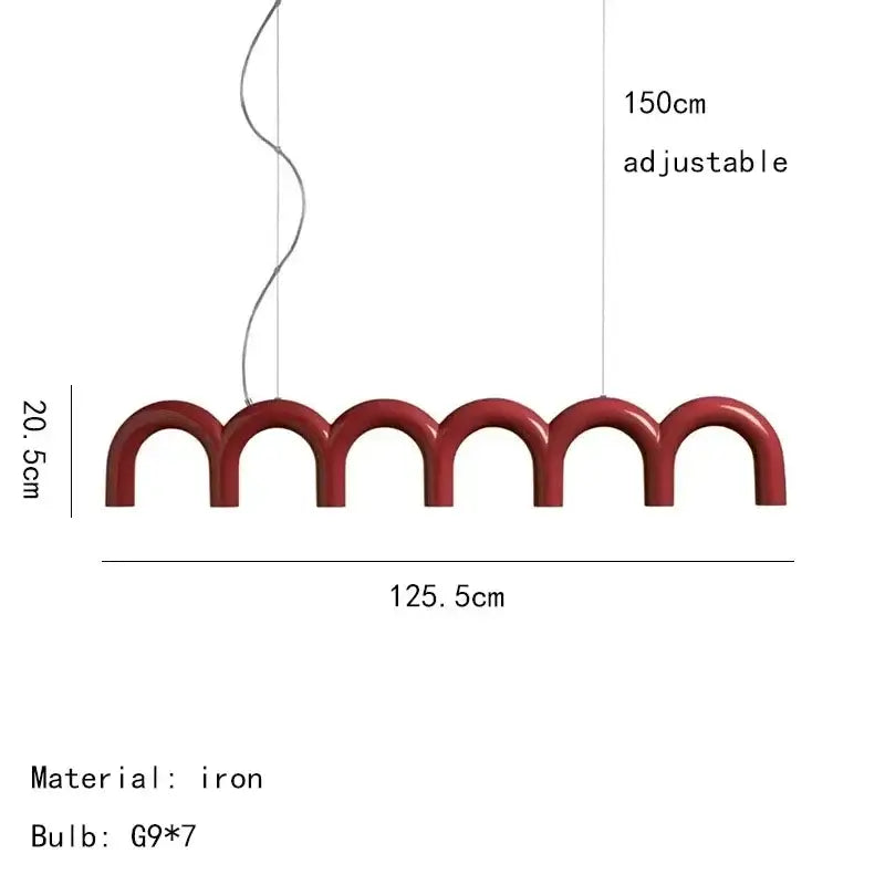Red iron decorbites™ sleek u-shaped chandelier with seven g9 bulbs in a modern arched design for bedroom and kitchen