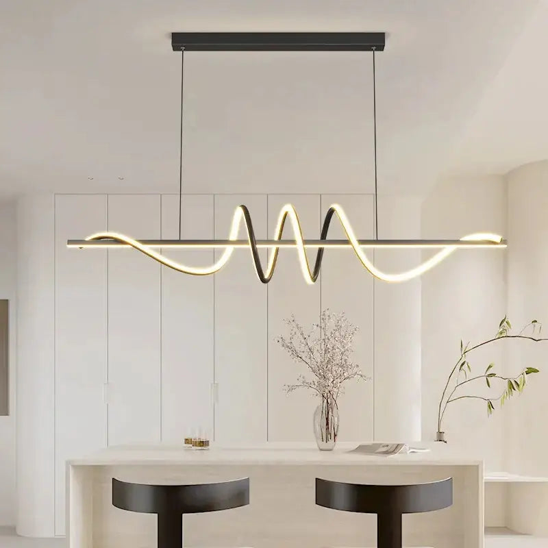 Modern black and gold DecorBites™ sleek wavy pendant lights with LED design for stylish dining room illumination