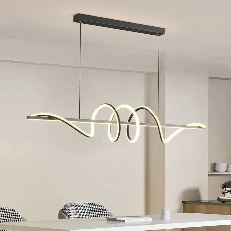 Modern black rectangular pendant light with sleek curved led strip emitting warm white glow for dining room use
