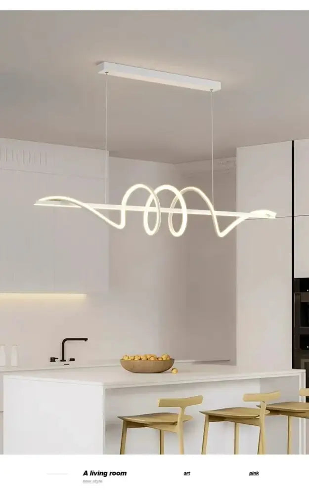 Modern white DecorBites™ sleek wavy pendant lights with sculptural spiral curves for dining room illumination
