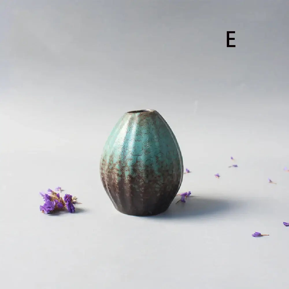 DecorBites™ small ceramic vase with glossy teal and earthy brown glaze featuring subtle ridges for elegant Japanese home decor