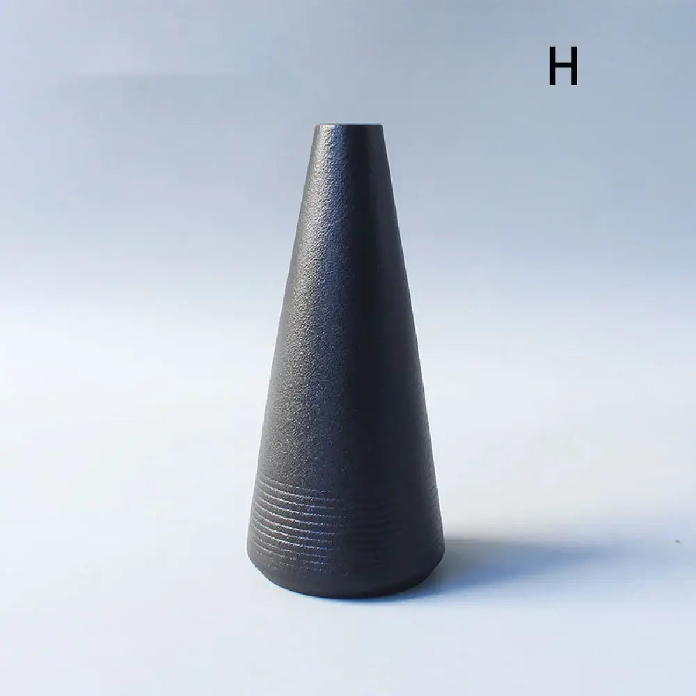DecorBites™ sleek matte black ceramic small vase with tapered conical shape and subtle ridges for elegant Japanese home decor
