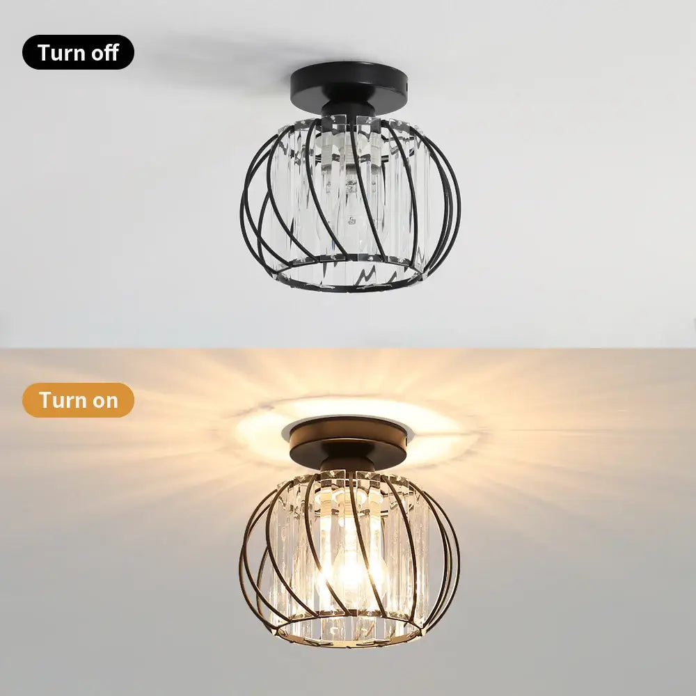 DecorBites small metal cage ceiling light with black metal frame and clear crystal rods farmhouse light fixture