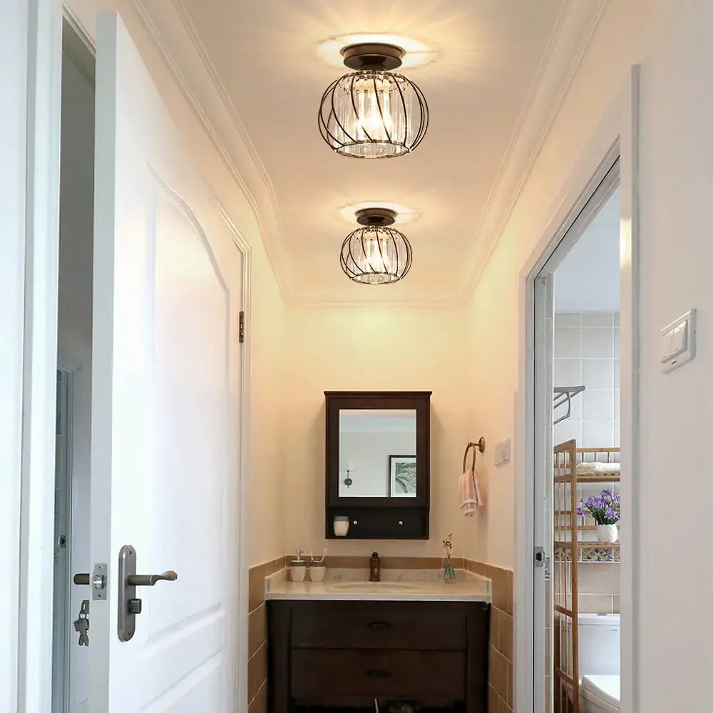 Decorbites small metal cage farmhouse ceiling light with dark metal frame and clear crystal accents pendant light fixture