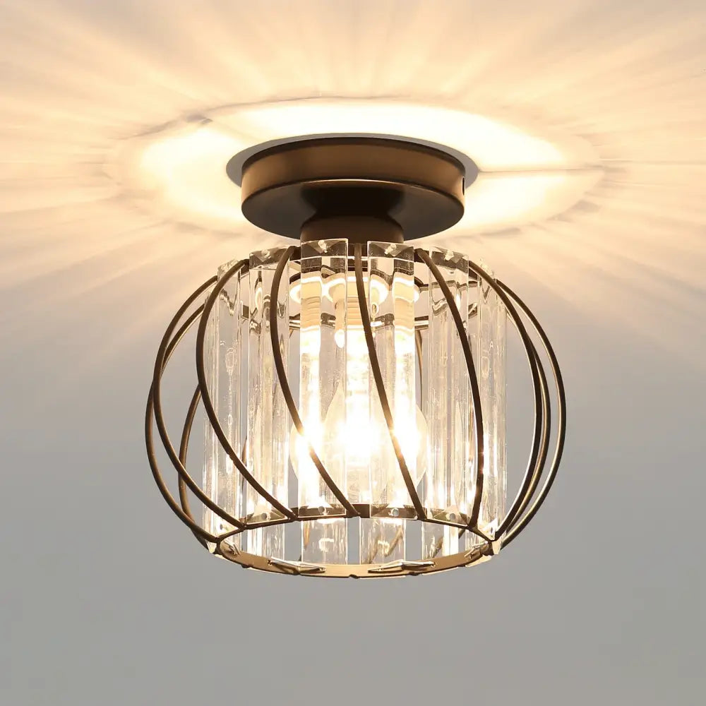 DecorBites™ small metal cage ceiling light with bronze metal frame and clear crystal prisms in concentric circles