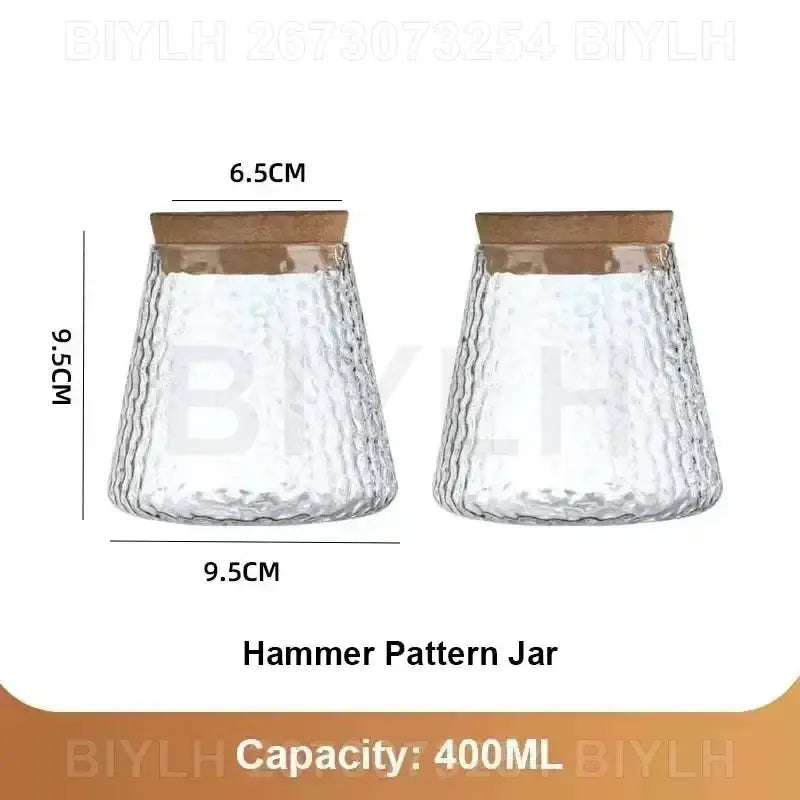Small transparent glass vase with hammer pattern texture and wooden lid by biylh for home decor