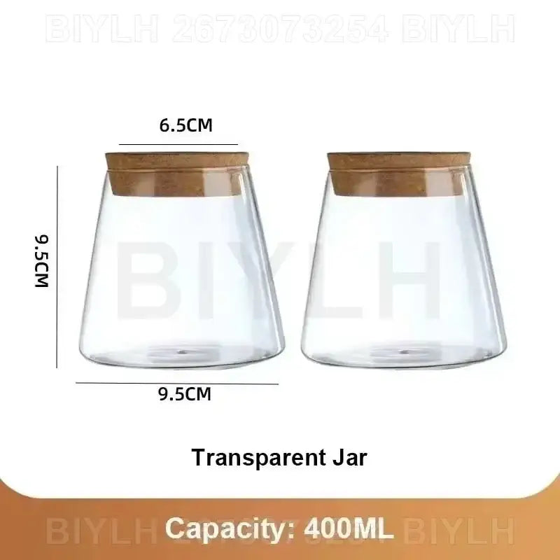 Decorbites™ small transparent glass vase with natural cork lid for elegant storage of dry goods and spices