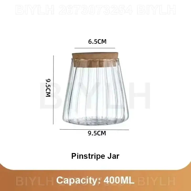 DecorBites small transparent glass vase with vertical ribbed pinstripes and natural wood lid 400ml capacity transparent glass