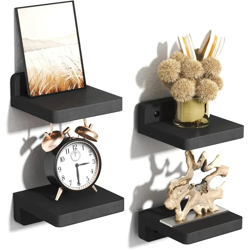 Decorbites small wood floating shelves 4-pack black wall-mounted small floating shelves with decorative items on two tiers