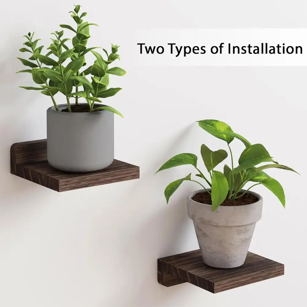 Dark wood floating shelves from decorbites 4-pack small floating shelves holding gray ceramic pot with green foliage