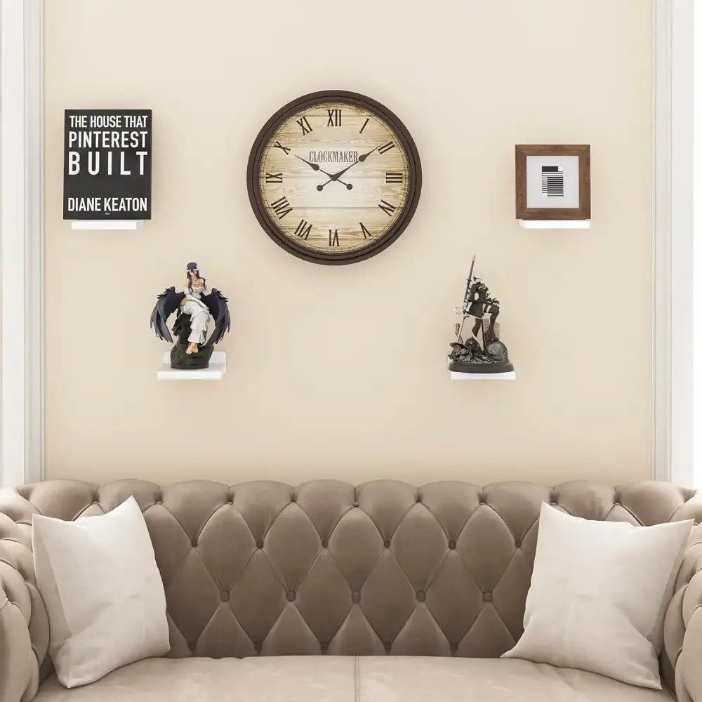 Decorbites small floating shelves 4-pack with rustic dark wood frame wall clock featuring beige roman numeral face