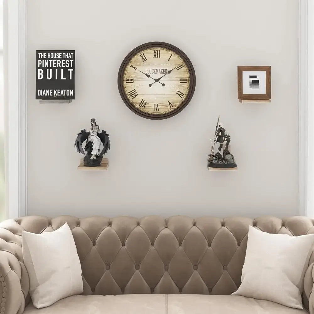 Round wooden-framed wall clock with vintage roman numerals complements decorbites small wood floating shelves 4-pack