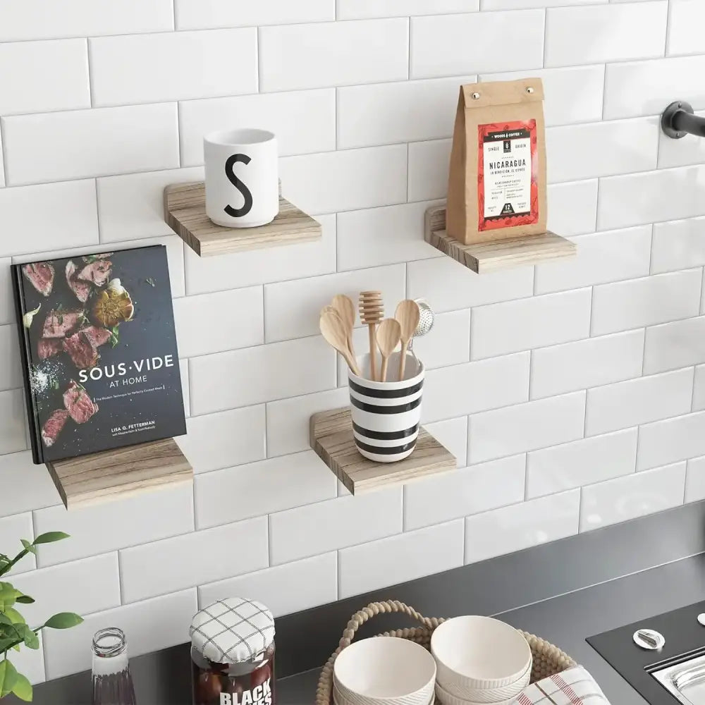 Decorbites small wood floating shelves 4-pack featuring three minimalist wooden floating shelves on a white tiled wall