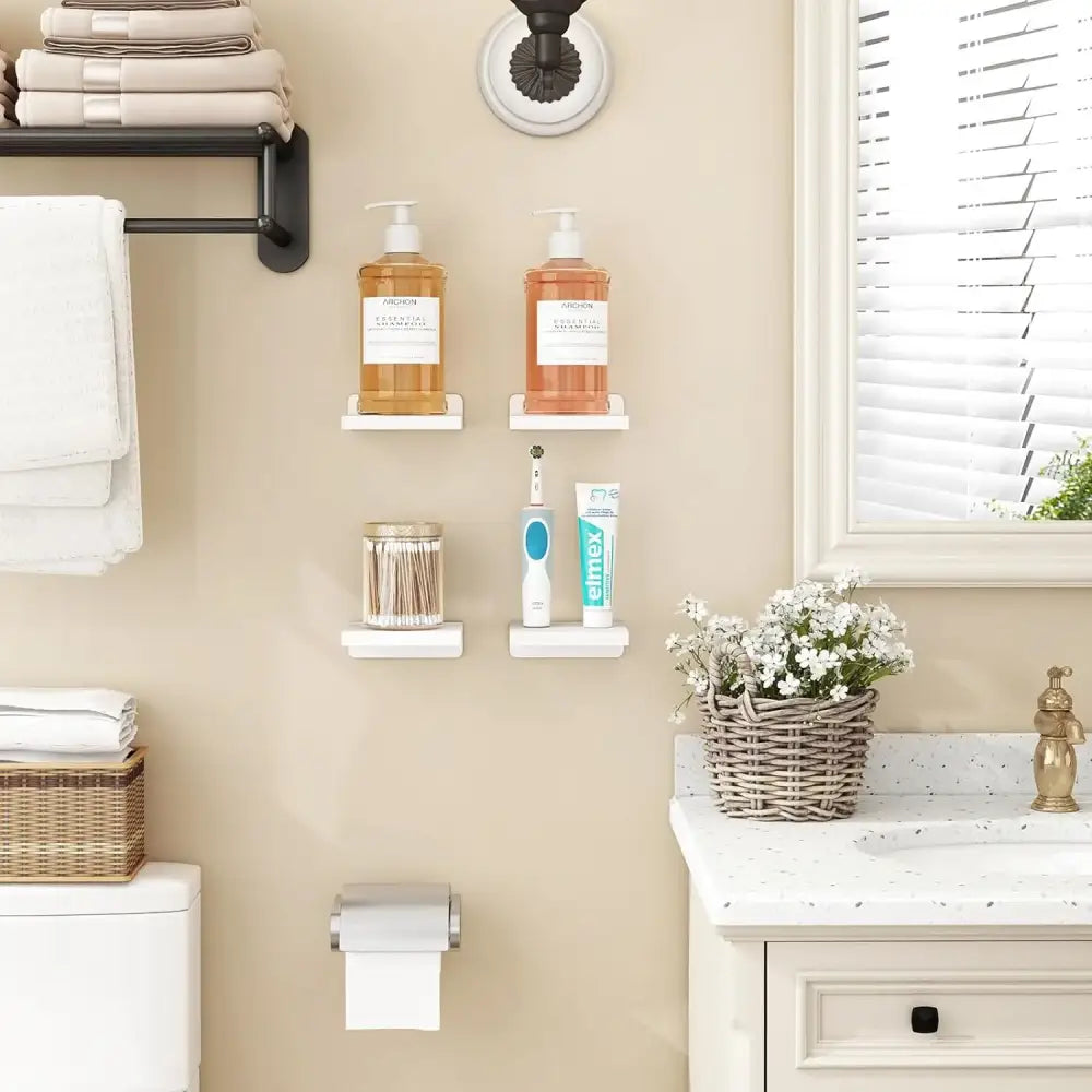 White wood wall-mounted floating shelves 4-pack small floating shelves holding bathroom essentials