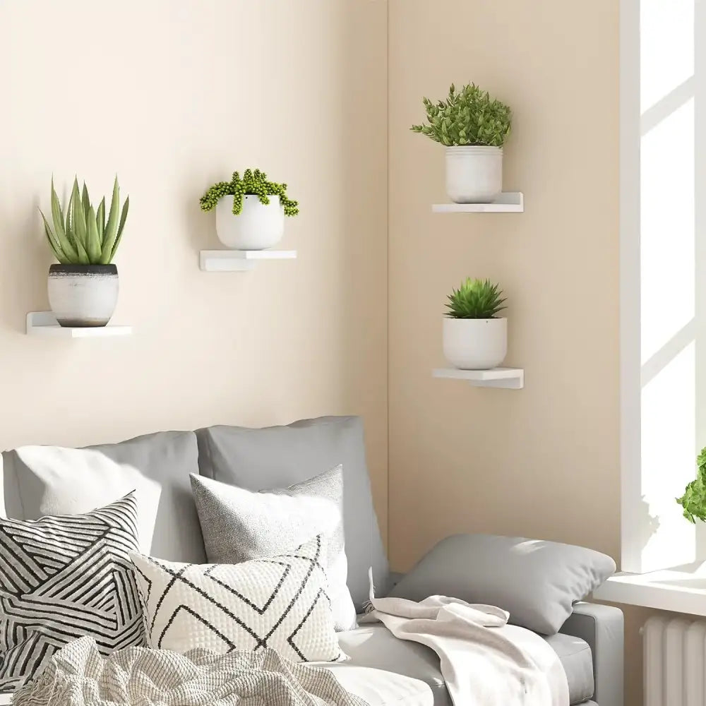 Decorbites™ small wood floating shelves 4-pack white wall-mounted small floating shelves holding potted succulents