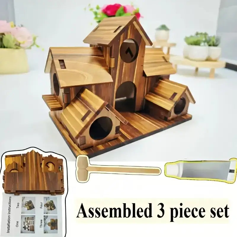 DecorBites™ small wooden hanging bird house puzzle set with multiple compartments and rustic natural finish