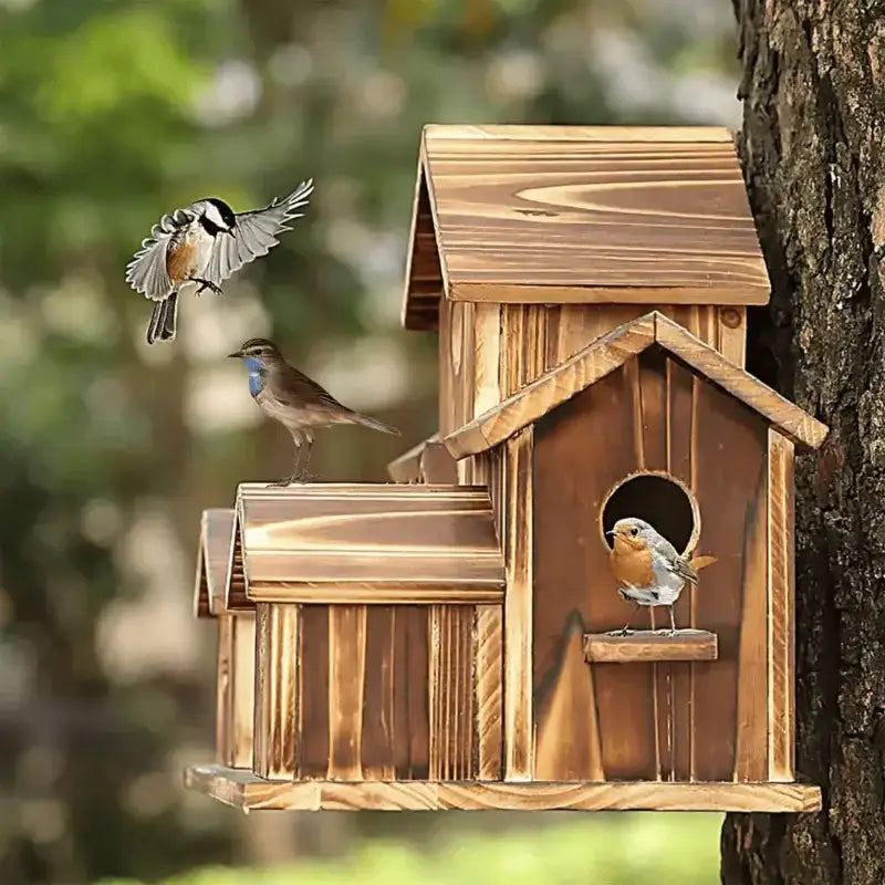 DecorBites small wooden hanging bird house with rustic finish and multiple entry holes for various bird species