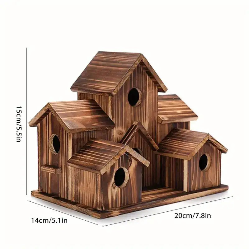 DecorBites™ small wooden hanging bird house with multiple rustic dark brown interconnected houses and circular entry holes