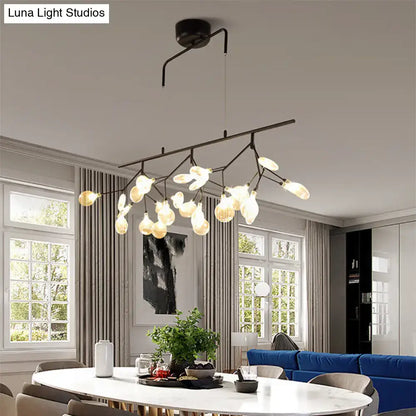 Black metal chandelier with multiple frosted smoke grey glass bulb shades for dining room lighting fixture