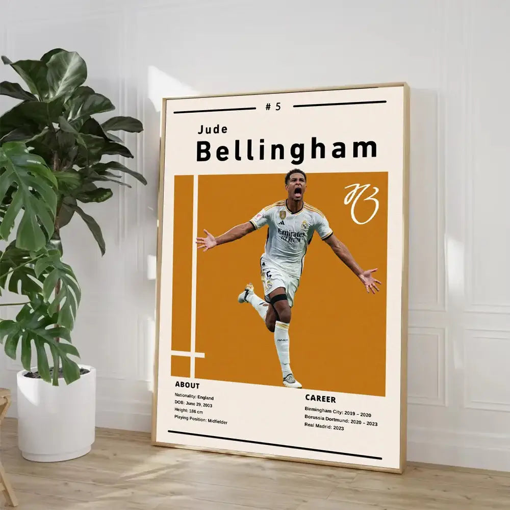 Framed DecorBites™ canvas wall art of soccer star Jude Bellingham in white real Madrid jersey with career stats text border
