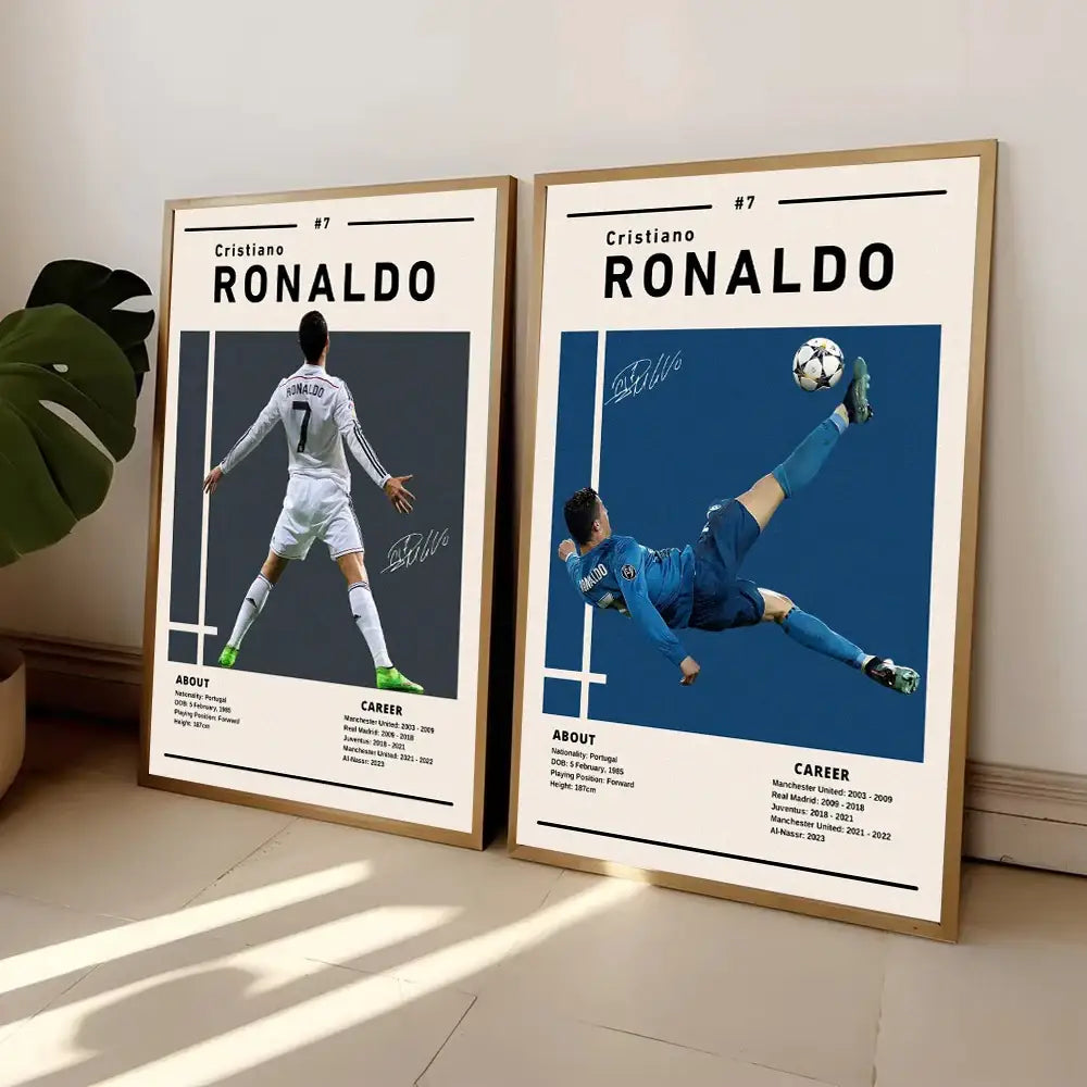 Two framed cream-colored decorbites™ canvas wall art posters featuring soccer star ronaldo in white and blue jerseys