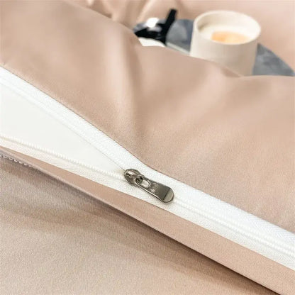 Beige satin pillowcase with white zipper and metallic pull tab from DecorBites™ 1000TC Egyptian cotton duvet cover set