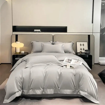 Luxurious silver-gray satin duvet cover and fitted sheet from DecorBites™ soft Egyptian cotton bedding set 1000TC