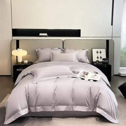 Decorbites soft egyptian cotton duvet cover set in light gray satin with elegant stitched detailing and fitted sheet