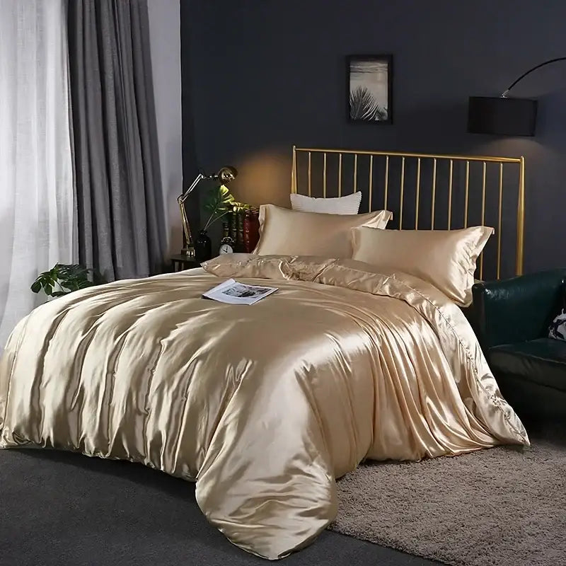 Glossy gold satin duvet cover set with matching pillowcases from DecorBites™ soft and elegant luxury bedding set