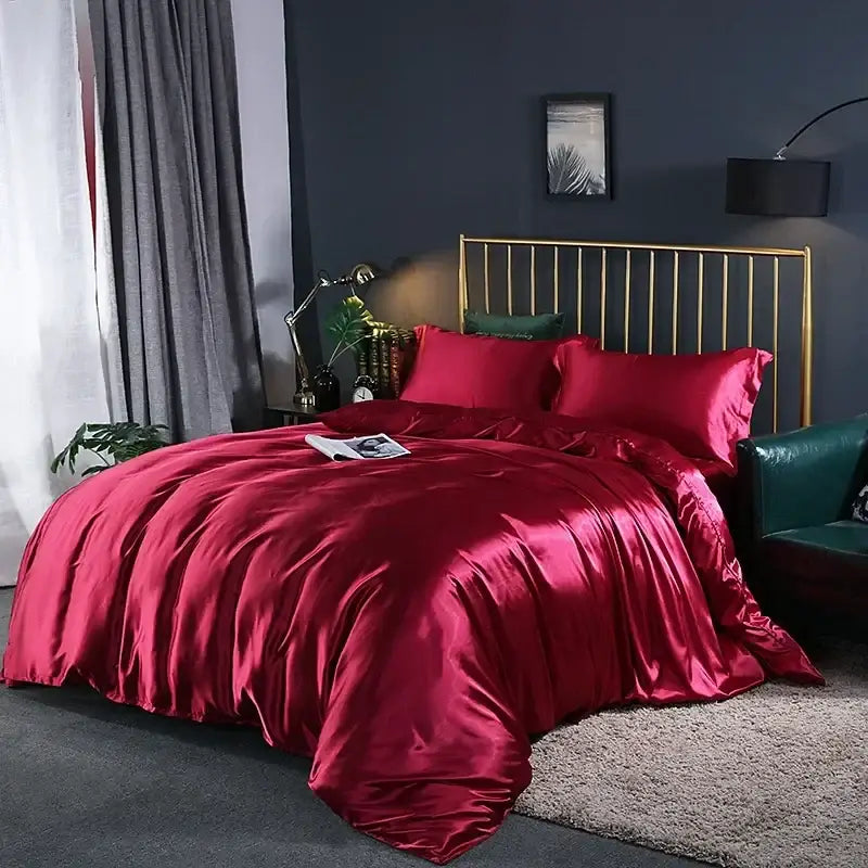 Decorbites soft and elegant luxury bedding set in rich crimson satin with glossy finish includes bed sheet and duvet cover for width bed