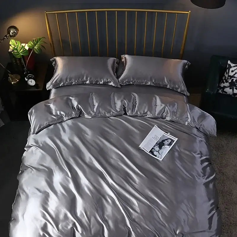 Silk-gray satin bed sheet and duvet cover set by DecorBites featuring a smooth glossy finish for width bed use