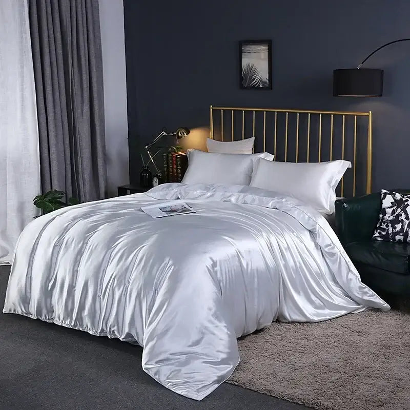 Silky white satin duvet cover with smooth reflective finish from decorbites soft elegant luxury bedding set for width bed use