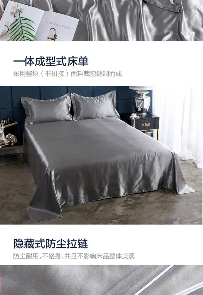 Decorbites soft and elegant luxury bedding set silver satin bed sheet and duvet cover crafted from a single fabric piece