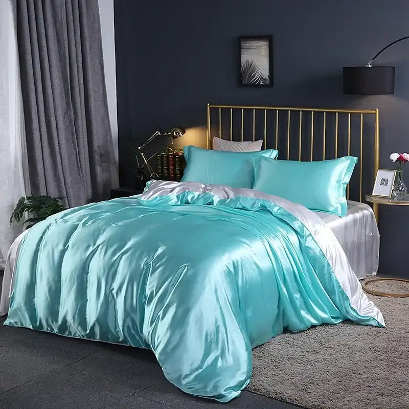 Turquoise satin duvet cover set with matching pillowcases by DecorBites is a soft and elegant luxury bedding set