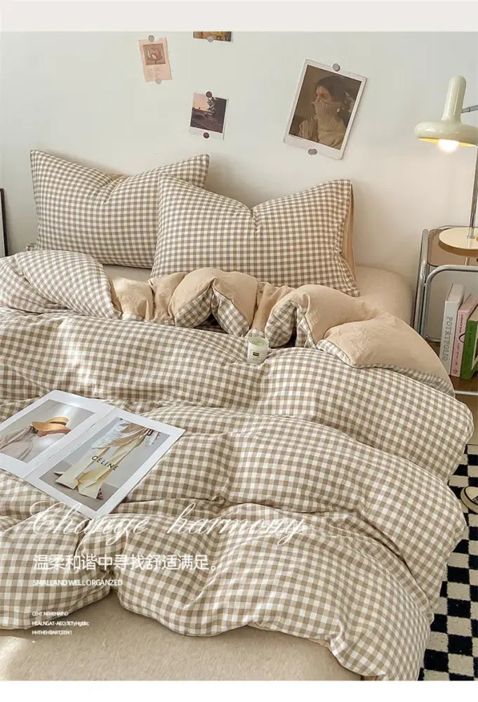 Beige and white checkered DecorBites™ soft Japanese style duvet cover set with plush texture pcs duvet cover and bed sheet