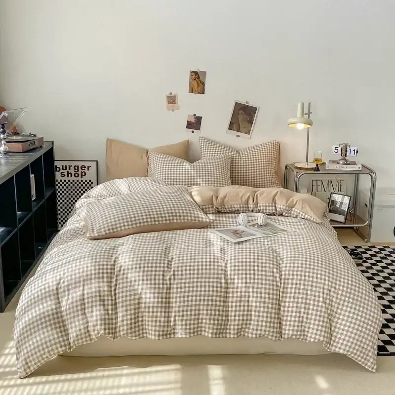 Beige and white checkered DecorBites soft Japanese style quilted duvet cover set with pcs duvet cover design