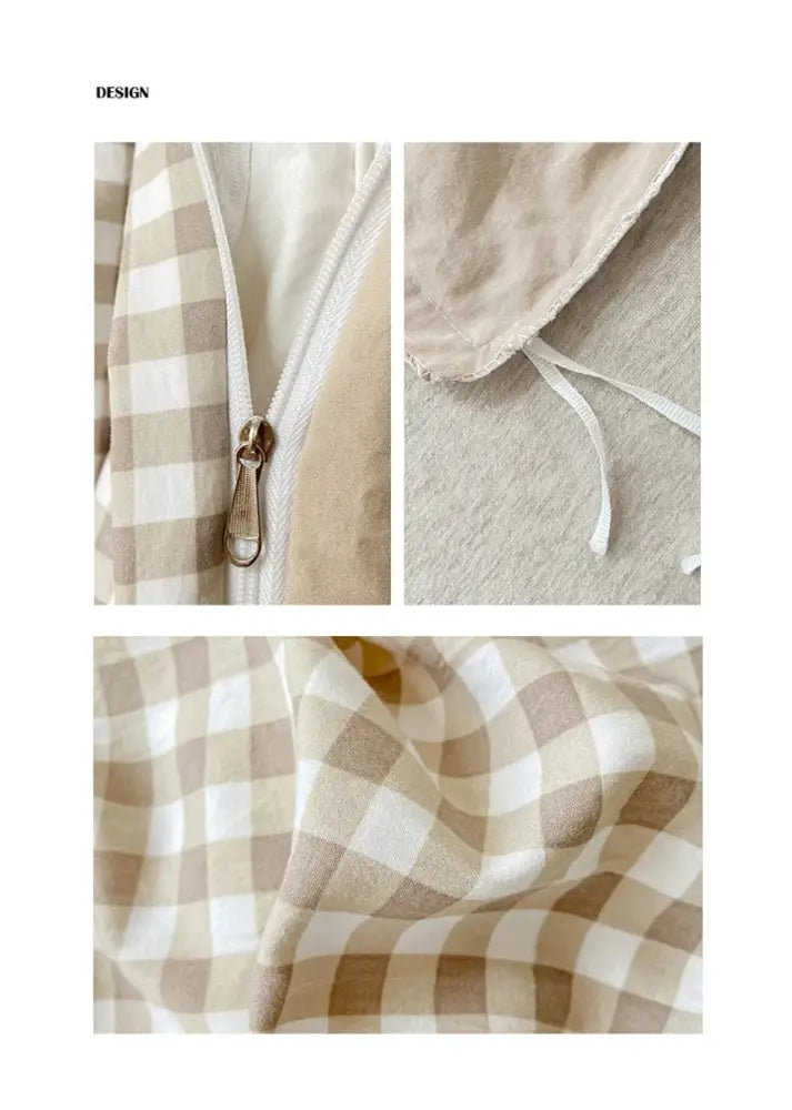 Decorbites soft japanese style duvet cover set in soft beige and white gingham with metallic zipper pull detail