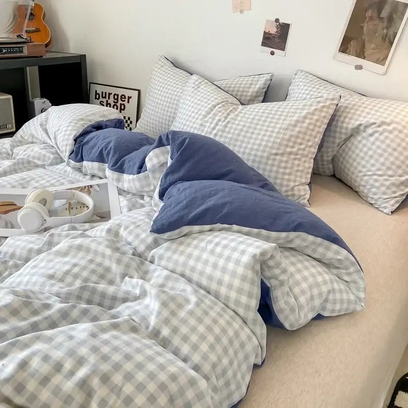 Decorbites™ soft japanese style duvet cover set in blue and gray gingham with cozy slightly rumpled look pcs duvet cover