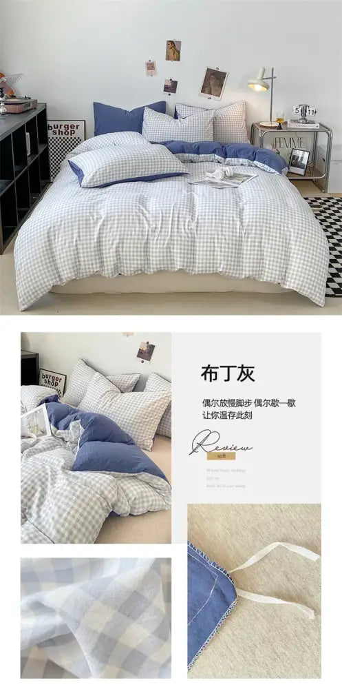 Decorbites soft japanese style duvet cover set with blue and white checkered cotton and denim accents pcs duvet cover