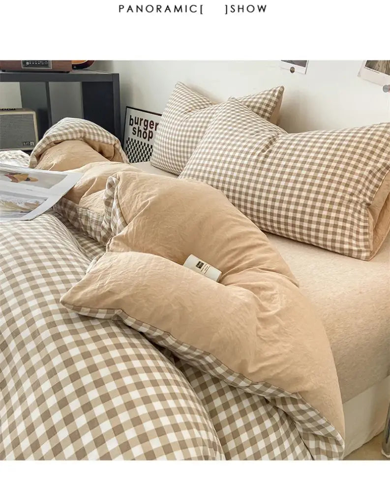 Cozy beige and white gingham check DecorBites™ pcs duvet cover set with soft plush fabric and Japanese style design