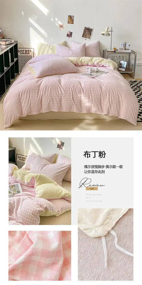 Decorbites™ soft Japanese style duvet cover set in pink and cream gingham with textured fabric bed sheet pcs duvet cover