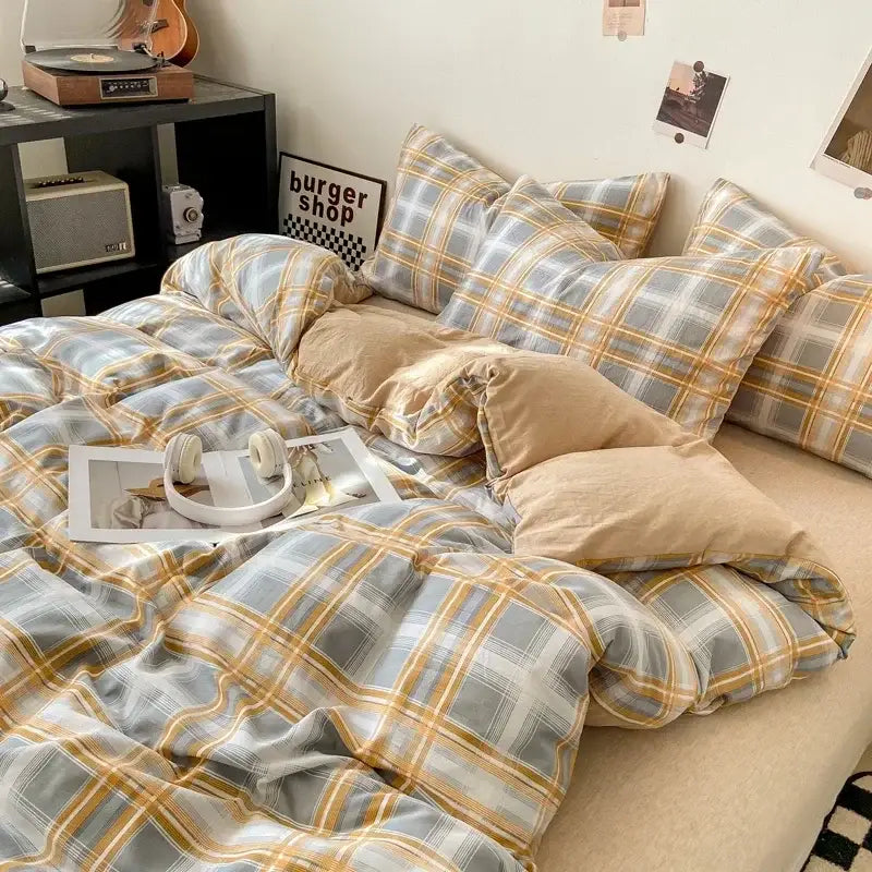 Decorbites soft japanese style duvet cover set with plaid comforter in gray and mustard yellow pcs duvet cover with pillows