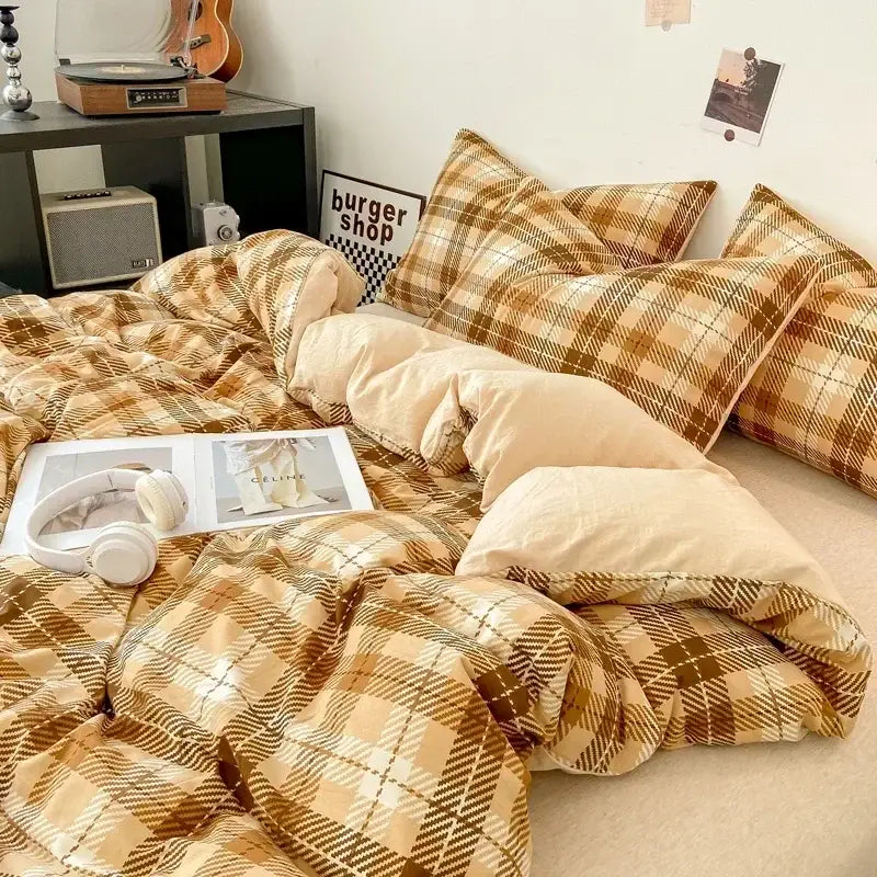 Decorbites soft japanese style pcs duvet cover set in warm beige plaid with quilted texture and matching pillowcases