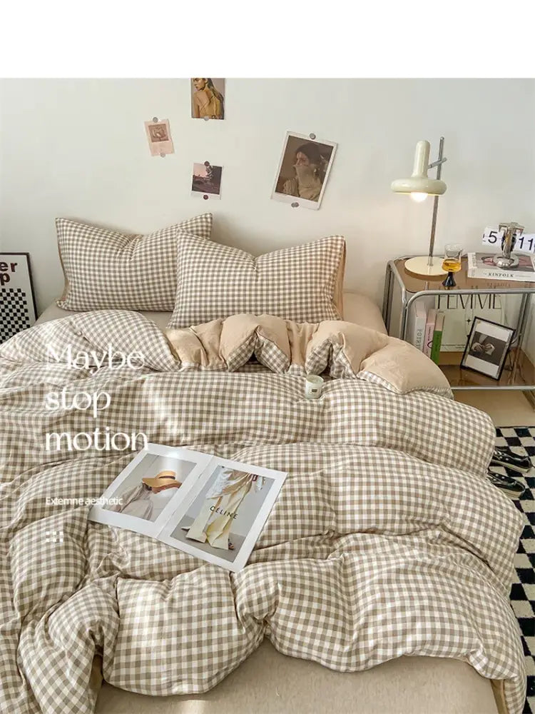 DecorBites soft Japanese style beige and cream checkered duvet cover set with quilted texture pcs duvet cover and bed sheet