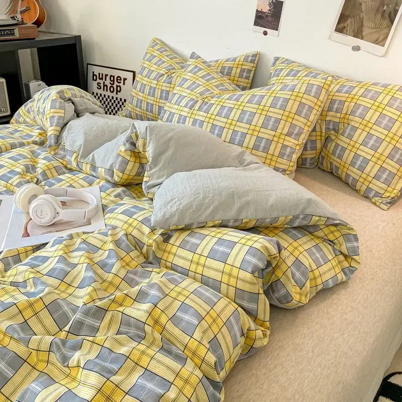 Yellow and gray plaid soft japanese style duvet cover set with matching pillows by decorbites for bed sheets and pcs duvet cover