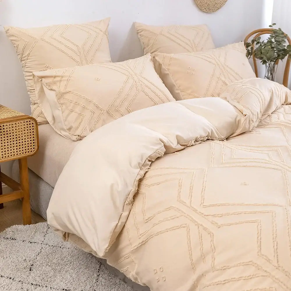 Beige geometric embroidery duvet cover set with ruffled edges and soft tufted microfiber texture by decorbites