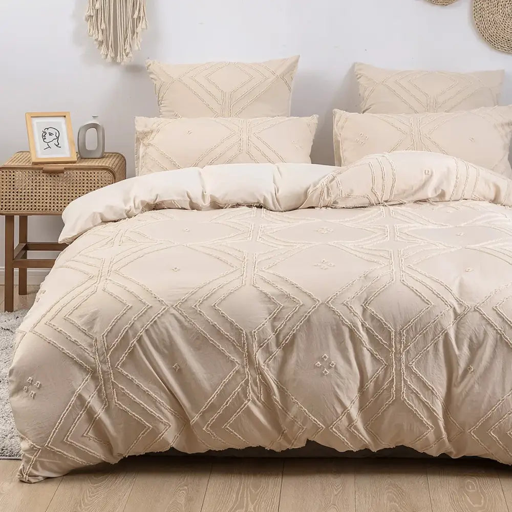 Beige textured DecorBites™ soft tufted microfiber duvet cover set with geometric embroidery pattern for bedding